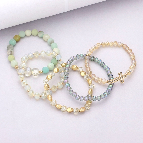 Mint Cross Pendant Beaded 5 Piece Stacked MultiLayered Stretch Bracelets - Picture 2 of 4